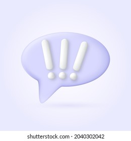 Icon 3D bubbles exclamation mark of plastic in soft pastel colors. Speech bubble with exclamation mark 3D vector illustration. Three exclamation marksspeech bubble.