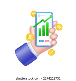 Icon 3D businessman hand holding mobile phone with graph growth stock. Economy trends investment concept. Isolated on white background. Vector EPS10 illustration.