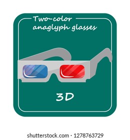 Icon with 3D glasses and the inscription - two-color anaglyph glasses. Vector illustration