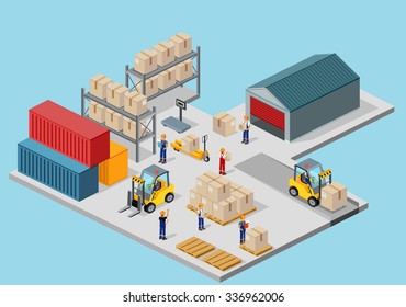 Icon 3d isometric process of the warehouse. Warehouse interior, logisti and factory, warehouse building, warehouse exterior, business delivery, storage cargo illustration