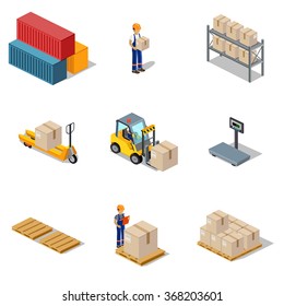 Icon 3d isometric process of the warehouse. Warehouse interior, logistic and factory, warehouse building, warehouse exterior, business delivery, storage cargo illustration. Set of vector isometric