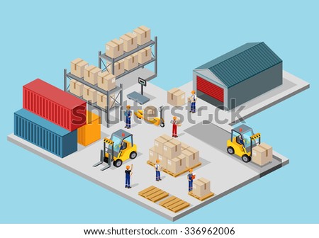 Icon 3d isometric process of the warehouse. Warehouse interior, logisti and factory, warehouse building, warehouse exterior, business delivery, storage cargo illustration