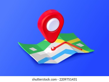 Icon of 3d map with red pin. Gps navigation symbol with paper route guide and location tag. Map with geo marker isolated on blue background, vector illustration