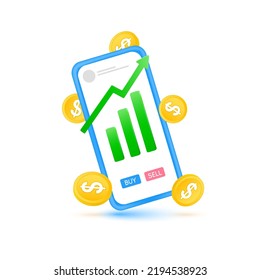 Icono teléfono móvil 3D con crecimiento gráfico stock y monedas de dinero caen. El concepto de inversión de tendencias económicas. Aislado sobre fondo blanco. Ilustración del vector EPS10.