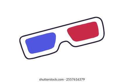 Icon of 3D movie. Paper glasses with blue and red lens. Cinema anaglyph perception eyewear. Spectacles, stereo eyeglasses for watching films. Flat isolated vector illustration on white background