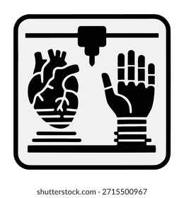Icono "Órganos impresos en 3D - Prótesis" - Una Imagen de un corazón o una mano impresos en 3D que se imprime capa por capa.