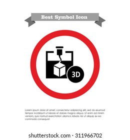 Icon of 3d printer creating cube, 3D inscription in circle