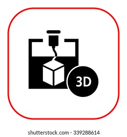 Icon of 3d printer creating cube, 3D inscription in circle