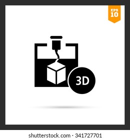 Icon of 3d printer creating cube, 3D inscription in circle
