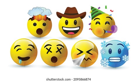 icon 3d vector round yellow cartoon bubble emoticons social media Whatsapp Instagram Facebook chat comment reactions icon template face Sneezing cold dizzy Exploding Partying emoji character message