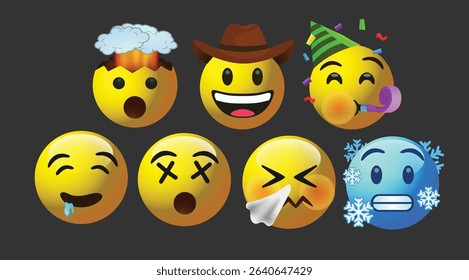 icon 3d vector round yellow cartoon bubble emoticons social media Whatsapp Instagram Facebook chat comment reactions icon template face Sneezing cold dizzy Exploding Partying emoji character message