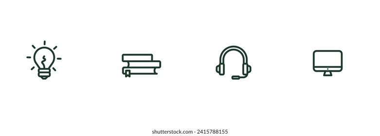 Symbol 4 Typ. Lampe, Buch, Headset, Computer. Arbeitssymbol, Bildung, Linie, einfaches Design. Vektorgrafik