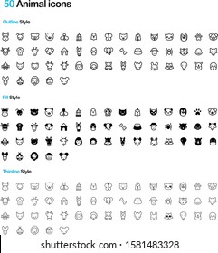 Icon of 50 animal heads, vector diagram
