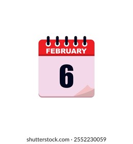 Icon of the 6 th in February , Day 6 of month. Vector illustration.
