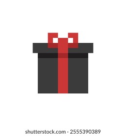 Icon 8 bit black gift box with red ribbon, pixel gift for game interface, Packed box game element resource.