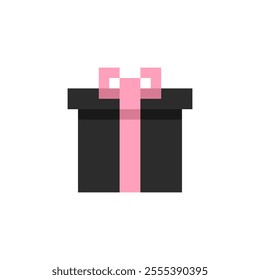 Icon 8 bit black gift box with pink ribbon, gift pixel for game interface, Packed box game element resources. blackpink edition gift box