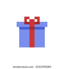 Icon 8 bit blue denim gift box with red ribbon, pixel gift for game interface, Packed box game element resource.