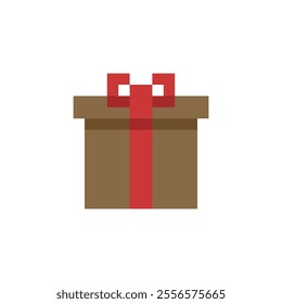 Icon 8 bit brown gift box with red ribbon, pixel gift for game interface, Packed box game element resource.