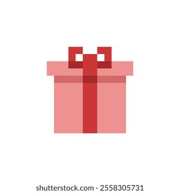 Icon 8 bit pink gift box with red ribbon, pixel gift for game interface, Packed box game element resource.
