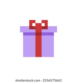 Icon 8 bit purple gift box with red ribbon, pixel gift for game interface, Packed box game element resource.