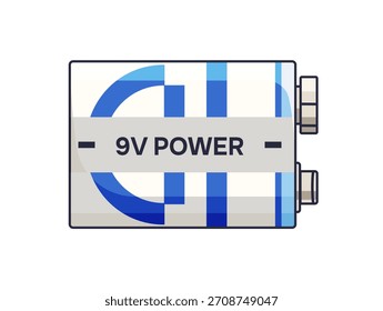 Icon of 9V power battery. Big reusable lithium accumulator. Nickel cell for charging and recharging electronics with electrical energy. Flat isolated vector illustration on white background