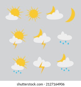 icon about climate weather in the world in the form of vectors containing sun, rain, moom, crescent moon, cloudy, lighning, thunderstrom, and thunderclouds