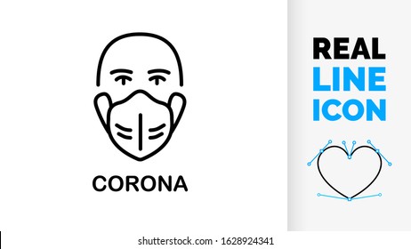 Icon about corona virus and infection in wuhan causing death and sickness in china and the world as an epidemic mask to prevent infection in a black line symbol with a editable stroke weight