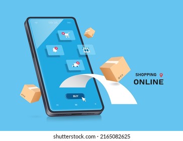 Icon about online shopping pops up on the smartphone screen. And there is a parcel box and receipt paper floating out after pressing purchase button on the buy icon,vector 3d isolated for advertising