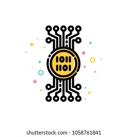 Icon of abstract cryptocurrency coin with digital binary code. Flat filled outline style. Pixel perfect. Editable stroke. Size 72x72 pixels