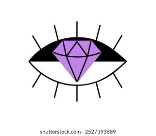 Icon of abstract eye with diamond. Art of eyeball with brilliant. Colored jewel with symbol of vision. Design element for decoration, cute emoji. Flat isolated vector illustration on white background