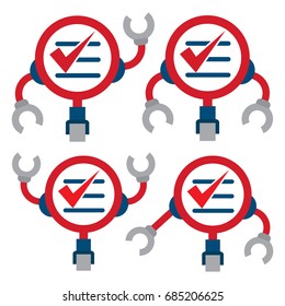 Icon abstract illustration for robot analyzer. Inspired search concept , magnifying glass, and automated systems, robots. Designed for bookkeeping business, document management.
