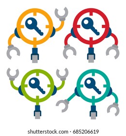 Icon abstract illustration for robot / keyword search system. Inspired search concept, magnifying glass,  and automated systems, robots. Designed for digital business / internet, website