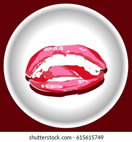 icon with Abstract red lips Monroe on face area on white plate. Sexy biting red lips. Abstract lipstick in the open mouth. Vector- illustration.