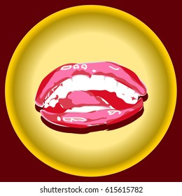 icon with Abstract red lips Monroe on face area on yellow plate. Sexy biting red lips. Abstract lipstick in the open mouth. Vector- illustration.