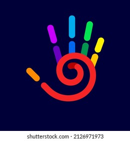 Icon of Abstract Simple Colored Hand with Five Fingers, and Spiral Design Element on Dark
