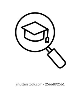 icon academic search,Magnifying glass over graduation cap suitable for educational concepts, professional development, academic research illustration, and student achievement celebration design.