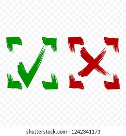 Icon of acceptance and rejection. Tick and cross symbol in square frame on transparent background. Brush strokes. Isolated vector