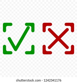 Icon of acceptance and rejection. Tick and cross symbol in square frame on transparent background. Rounded corners. Isolated vector