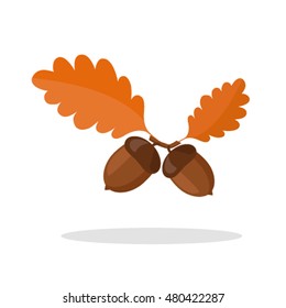 Icon acorns with leaves on a white background. flat vector illustration isolation in cartoon style