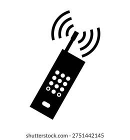 Icon of an activated mobile phone transmitting radio signals. Used in safety signs and communication contexts to indicate active mobile devices, wireless transmission, or radio frequency signals in workplaces, hospitals, and restricted areas.