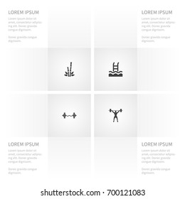 Icon Activities Set Of Cane, Basin, Weightlifting And Other Vector Objects. Also Includes Weightlifting, Bamboo, Dumbbell Elements.