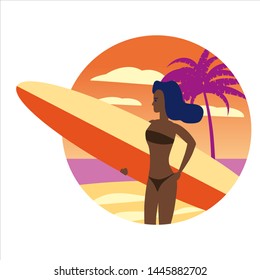 Icon activty on ocean sea summer girl with surf board. Vacation trip holiday beach , surf, palms, flora, sunbathing. Vector flat cartoon isolated illustration