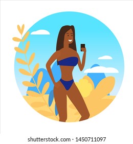 Icon activty on ocean sea summer girl taking selfie smartphone. Vacation trip holiday beach , surf, palms, flora, sunbathing. Vector flat cartoon isolated illustration