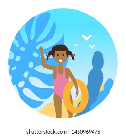 Icon activty on ocean sea summer little girl with a rubber ring. Vacation trip holiday beach , surf, palms, flora, sunbathing. Vector flat cartoon isolated illustration