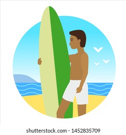 Icon activty on ocean sea summer man with surfing board. Vacation trip holiday beach , surf, palms, flora, sunbathing. Vector flat cartoon isolated illustration