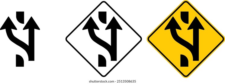 icon Added lane ahead road sign yellow outline traffic warning sign design for yellow background and black and white background