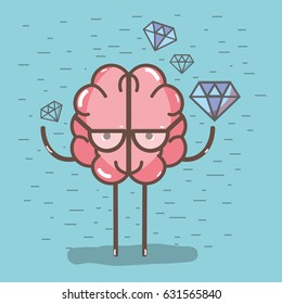icon adorable kawaii brain with a lot of diamond