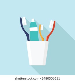 Icon with adult and child toothbrushes, toothpaste in a glass with shade, isolated in a flat illustration.