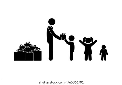 Icon adult man giving children gifts, isolated stick figure icon, simple flat silhouette set