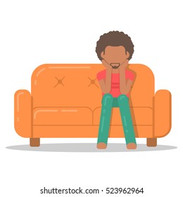Icon afro man bored on couch in room flat style. Vector logo character on sofa in cartoon style  illustration.
